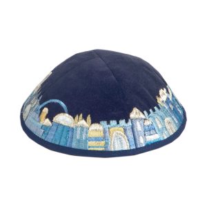 Velvet Kippah with Jerusalem, Blue