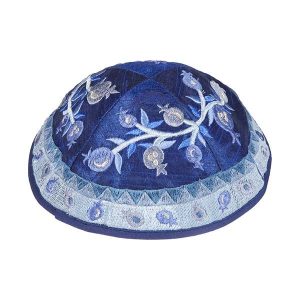 Embroidered Kippah with a Pomegranate Tree, Blue