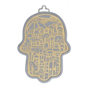 Large Silver Hamsa with Copper-Toned Jerusalem