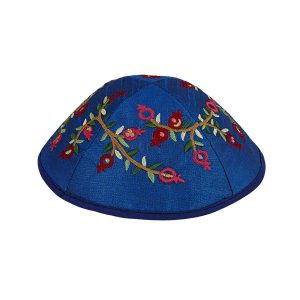 Embroidered Kippah with Pomegranates, Blue