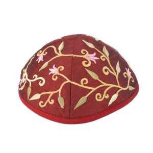 Embroidered Kippah with Flowers, Burgundy
