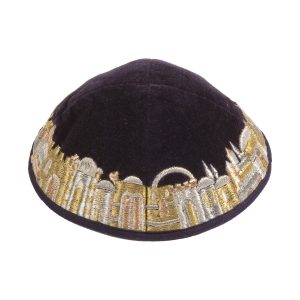 Dark Velvet Kippah with Jerusalem, Gold