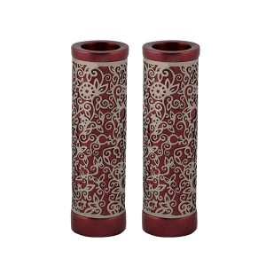 Cylinder Shabbat Candlesticks with Metal Cutout on Burgundy