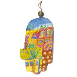 Large Wooden Hamsa with Jerusalem in Bold Colors