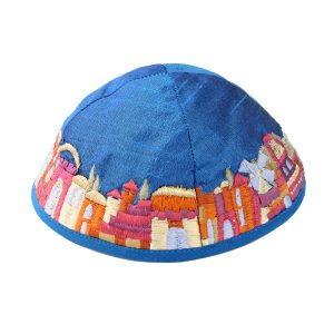 Blue Kippah Embroidered with Jerusalem