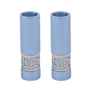 Light Blue Cylinder Shabbat Candlesticks with Pomegranates