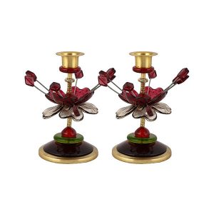 Medium Fountain Shabbat Candlesticks - Red Flower