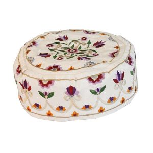 Embroidered Kippah with Flowers on White