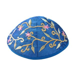 Embroidered Kippah with Flowers, Light Blue