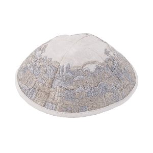 Embroidered Jerusalem Kippah, Silver