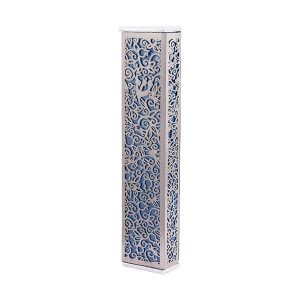 Wide Mezuzah Case with Pomegranates, Blue