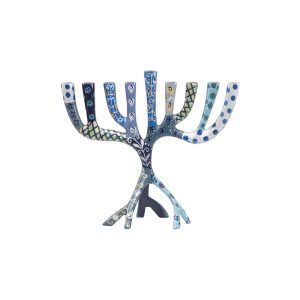 Small Tree Hanukkah Menorah with Blue Stripes