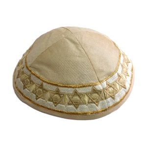 Cream Kippah with Gold Magen Davids