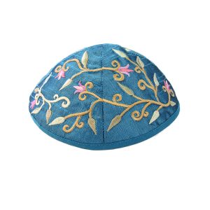 Embroidered Kippah with Flowers, Turquoise