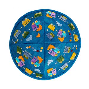 Children's Kippah with Trains, Blue