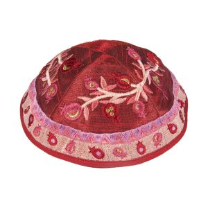 Embroidered Kippah with a Pomegranate Tree, Burgundy