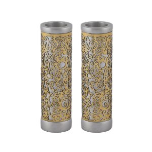 Cylinder Shabbat Candlesticks with Copper-Tone Metal Cutout