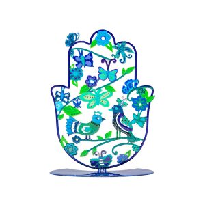 Medium Standing Hamsa with Birds in Blue