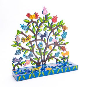 Painted Hanukkah Menorah with Pomegranates and Birds