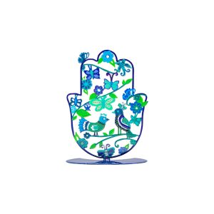 Small Standing Hamsa with Birds in Blue