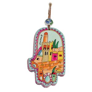 Small Wooden Hamsa with Modern Jerusalem