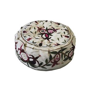 Embroidered Kippah with Pomegranates on White