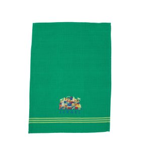 Green Kitchen Towel - Embroidered Houses, ISRAEL
