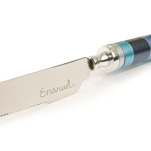 Challah Knife with Blue Rings on Stand
