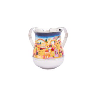Metal Netilat Yadayim Cup (Wash Cup) with Jerusalem Painting
