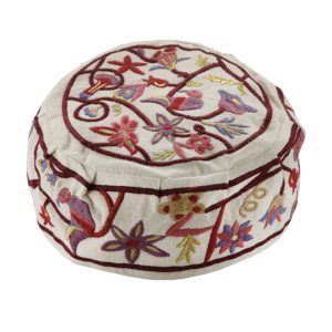 Embroidered Kippah with Birds in Burgundy