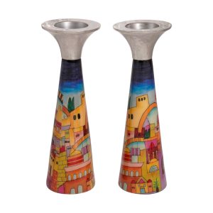 Tall Cone Shabbat Candlesticks with Jerusalem