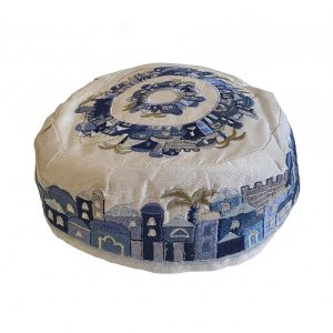 Embroidered Kippah with Jerusalem in Blue