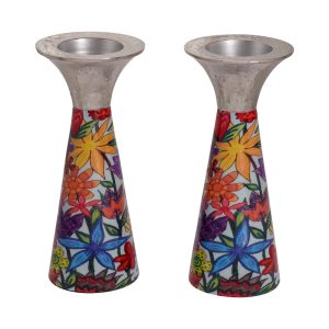 Short Cone Shabbat Candlesticks with Colorful Flowers