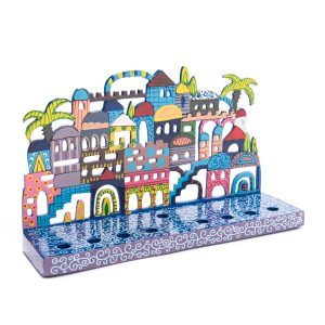 Painted Hanukkah Menorah with Jerusalem Skyline