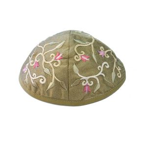 Embroidered Kippah with Flowers on an Olive-Gold Background