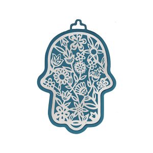 Small Blue Hamsa with Silver Flowers