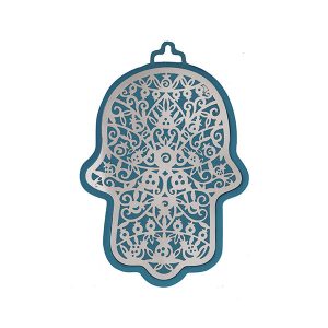 Small Blue Hamsa with Silver Pomegranates