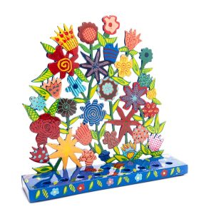 Painted Hanukkah Menorah with Flower Wreath