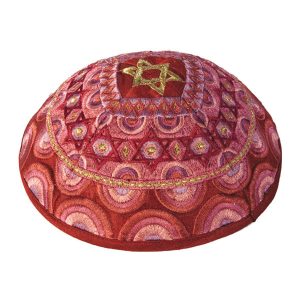 Fully Embroidered Kippah with Pink-Red Magen David