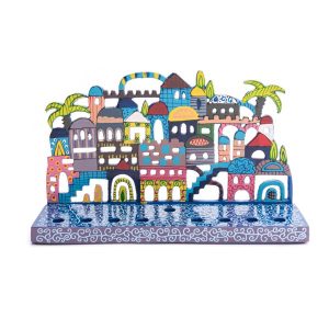 Painted Hanukkah Menorah with Jerusalem Skyline