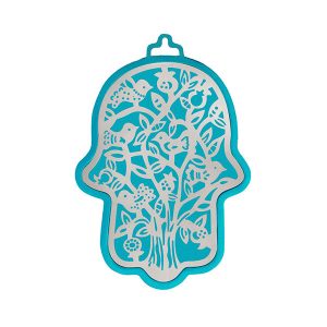 Small Turquoise Hamsa with Tree and Birds