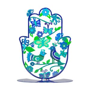 Standing Hamsa with a Pair of Birds in Blue