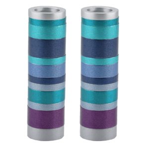Small Cylinder Shabbat Candlesticks with Blue and Turquoise Rings