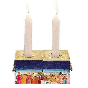 Wooden Hanukkah Menorah and Shabbat Candle Holder - Jerusalem
