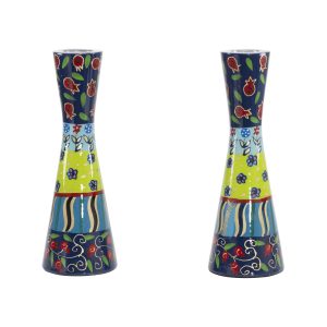 Medium Hand-Painted Shabbat Candlesticks - Colorful Stripes