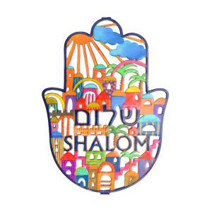 Large Hamsa with Jerusalem and Shalom in Two Languages