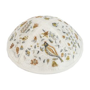 Embroidered Kippah with a Bird, Gold and Silver