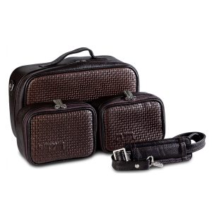 Compact Premium Leather Tallit & Tefillin Case Set (Rashi & Rabbeinu Tam) - "Traveling" Model | Deep Luxurious Chocolate-Brown Woven Leather