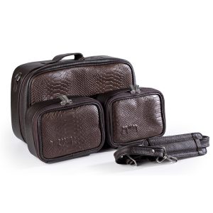 Compact Premium Leather Tallit & Tefillin Case Set (Rashi & Rabbeinu Tam) - "Traveling" Model | Deep Luxurious Chocolate-Brown Python-Textured Leather