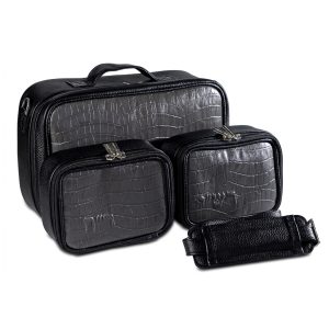Compact Premium Leather Tallit & Tefillin Case Set (Rashi & Rabbeinu Tam) - "Traveling" Model | Charcoal-Gray Croco Leather with Luxurious Black